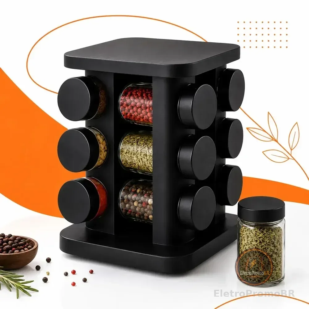 Porta-Temperos Giratório Hold On com 12 Potes de Vidro 85ml, para Mesa e Bancada
