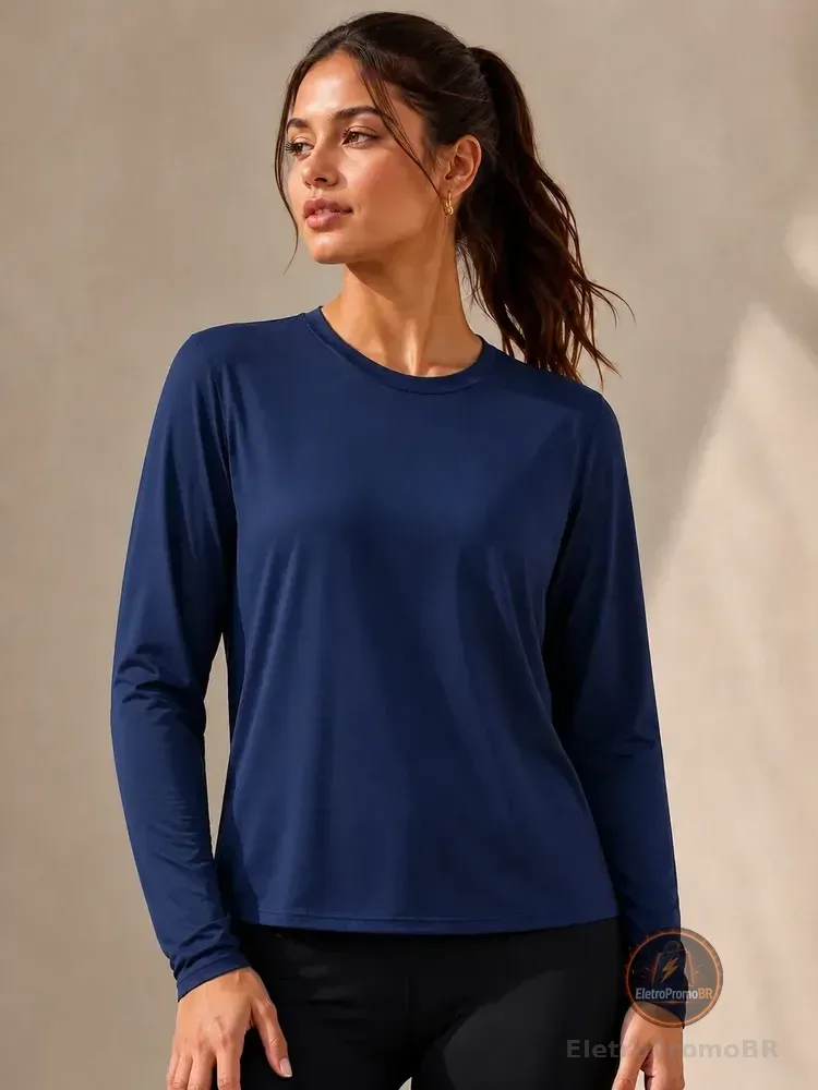 Blusas Camisa Feminina Proteção Uv Academia Treino Caminhada Azul-marinho Eg1