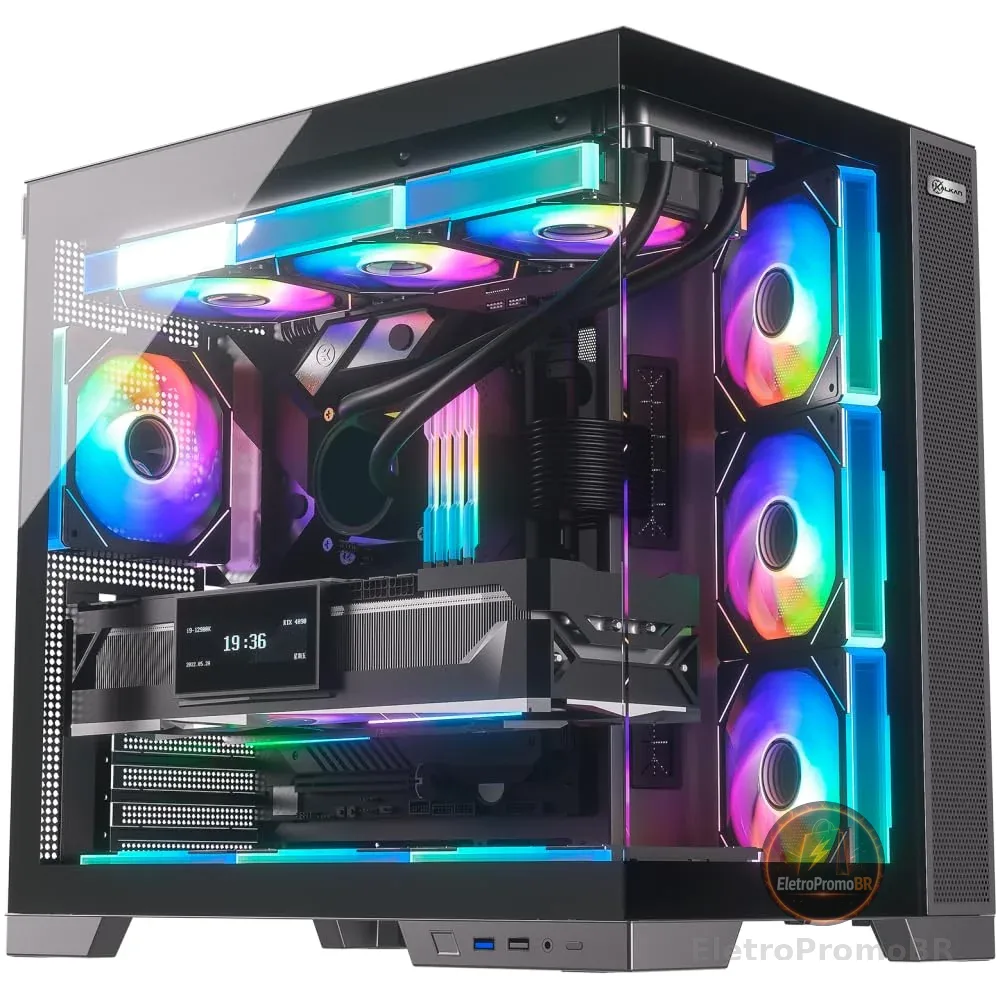 Gabinete Gamer Kalkan Asgard Evo Preto ATX Aquário Sem Fans Câmara Dupla Painel em Vidro Temperado Duplo USB 3.0 Painéis Perfurads Suporta Placas Mãe com Conectores Traseiros KLK00084