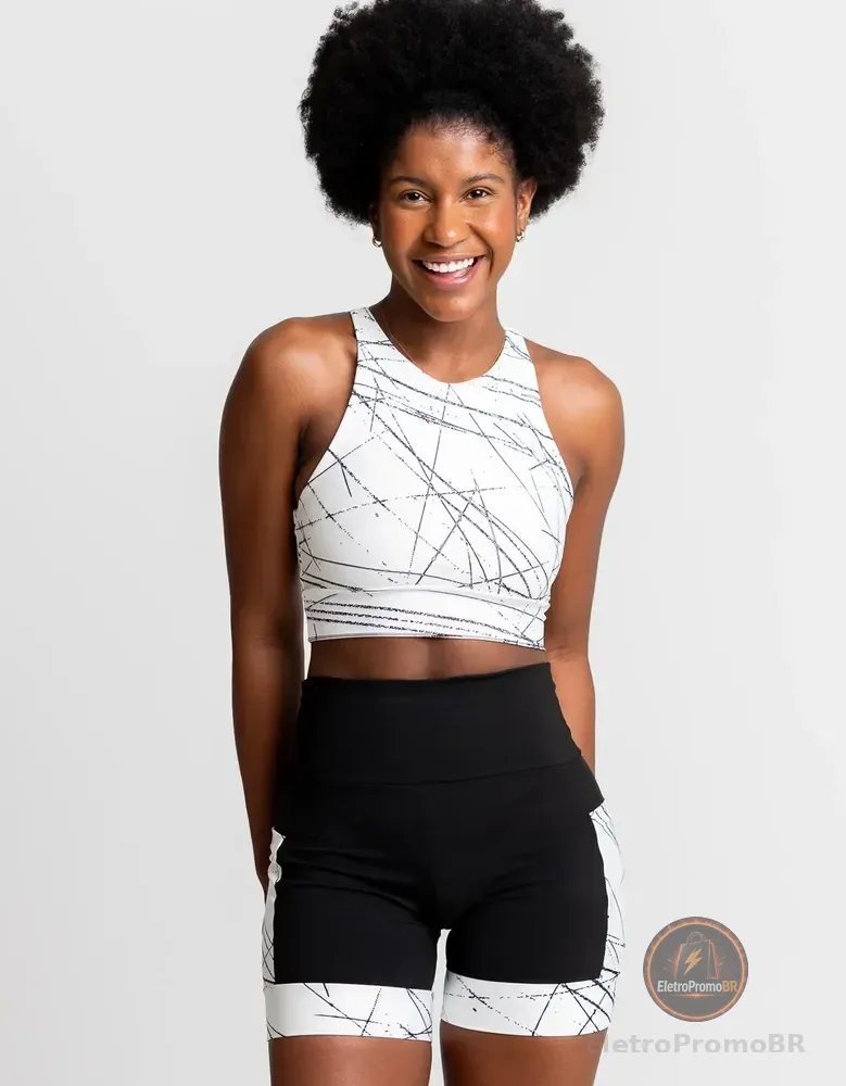 Conjunto Feminino Corrida Shorts E Cropped Com Bojo Corrida Black-white Liso M