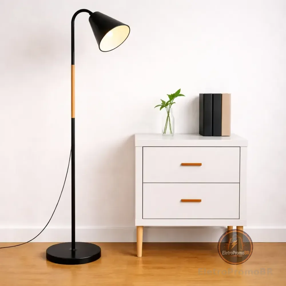 Luminária Abajur Metal Articulada Pedestal Chão Coluna Leitura Cúpula Preto Flexivel 1,6m 110v 220v Bravvi