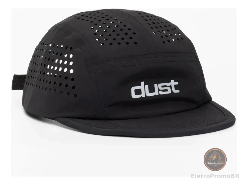 Boné Five Panel Corrida Performance Airtech Preto Aba Curta Esportivo Dust Company Strapback Ajustável Ultraleve Ventilado
