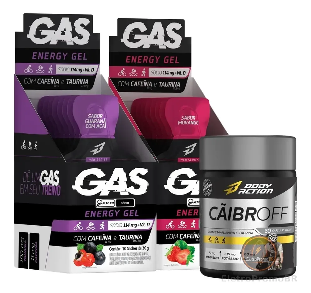 2x Gas Energy Gel Energético 20 Sachês + Cãibroff Bodyaction Sabor Guaraná com Açaí/Morango