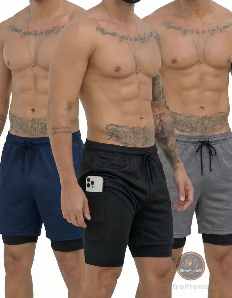 Kit 3 Shorts 2 Em 1 Duplo Bolso Para Academia Treino Corrida Preto/azul/cinza Gg