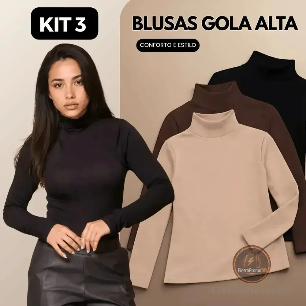 Kit 3 Blusas Feminina Cacharrel Gola Alta Manga Longa Casual Preto, Marrom E Nude M/g (36/42)