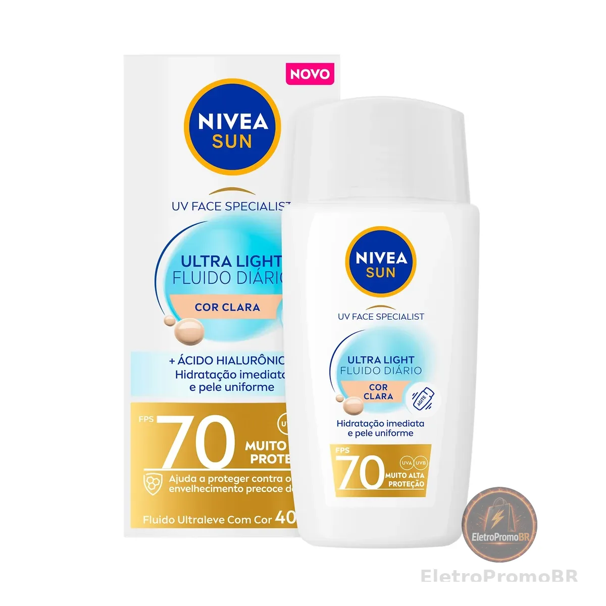 NIVEA SUN Protetor Solar Facial UV Face Specialist Ultra Light Fluido Diário FPS 70 Cor Clara 40ml, Muito Alta Proteção UVA/UVB, Hidratação Imediata, Pele Uniforme
