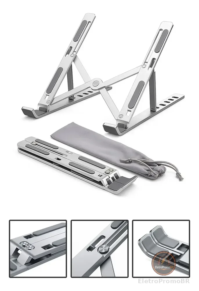 Base Suporte Para PC Notebook Alumínio Portátil Articulado Dobrável Tablet Laptop Mesa Davely Cor Prateado