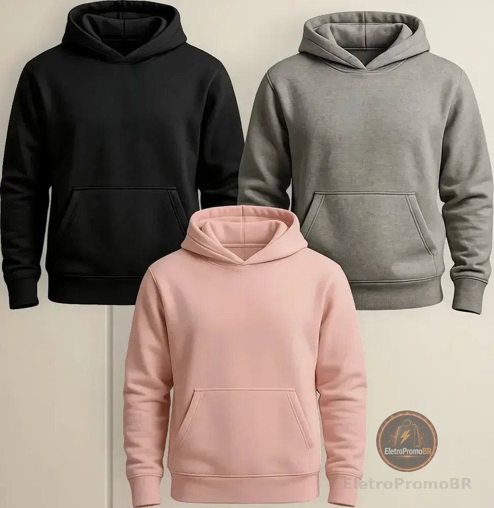 Kit 3 Abrigo Moletom Adulto Capuz Jaqueta Canguru Liso Frio Gg Kit Preto / Cinza / Rosa Bebê