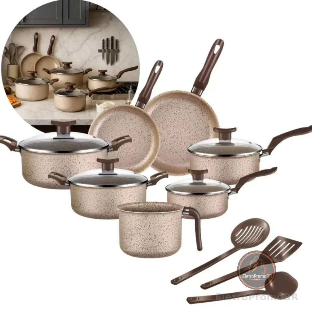 Jogo De Panelas 10 Peças Antiaderente Conjunto Caçarola Frigideira Fervedor Cor Coffee Cappuccino Kit Talheres