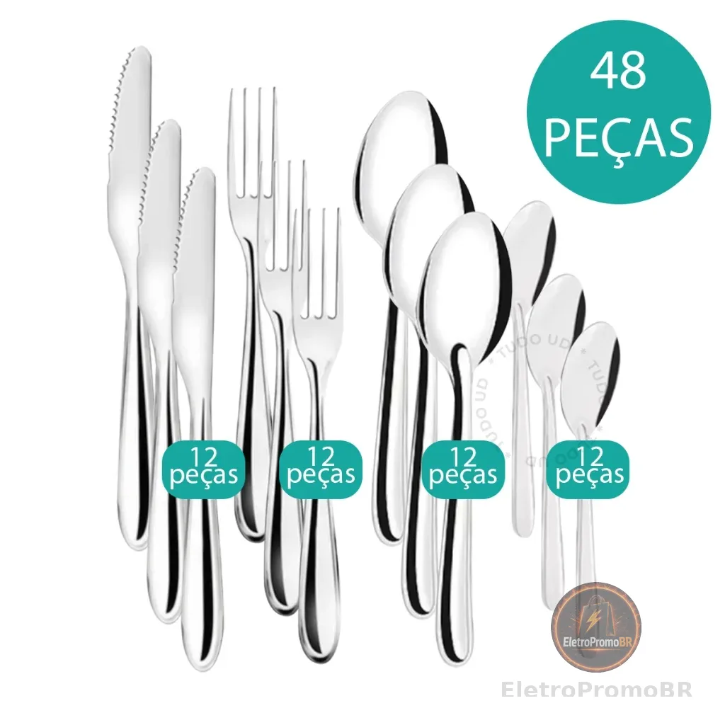 Jogo de Talheres 18/24/36/48 Peças Aço Inox Facas, Garfos de Mesa, Colheres, Colheres de Sobremesa