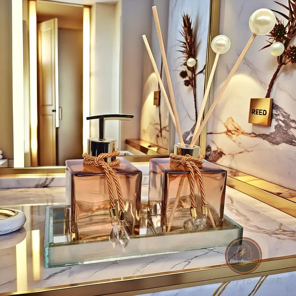 Kit Lavabo Luxo Vidro C/ Bandeja Dourada E Saboneteira Cor Ambar Degradê C/ Dourado