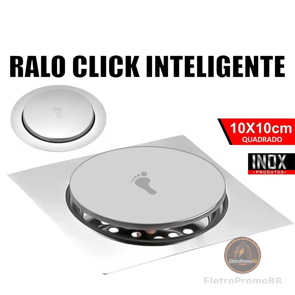 Ralo Click Inteligente 10x10 Cm Quadrado Redondo Inox Cromado - Veda Cheiro Banheiro Casa Cozinha