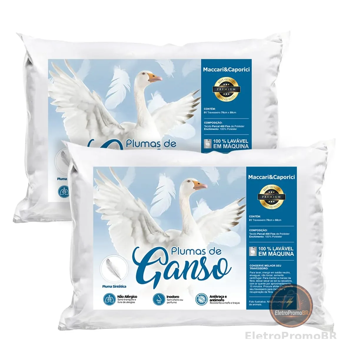Kit 02 Travesseiro Toque de Pluma Premium Percal 400 Fios 50x70cm Lavável, Antiácaro, Antialérgico