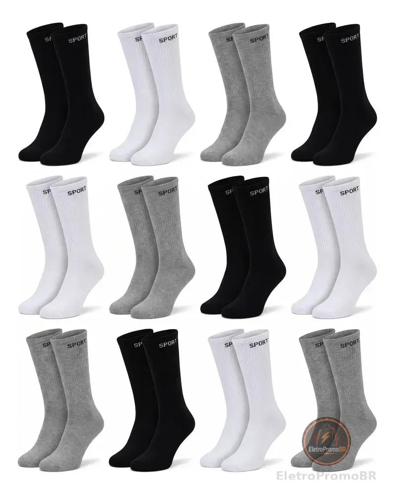 12 Pares De Meias Masculinas Cano Alto Grossa Algodão Oferta Sortida Liso Un