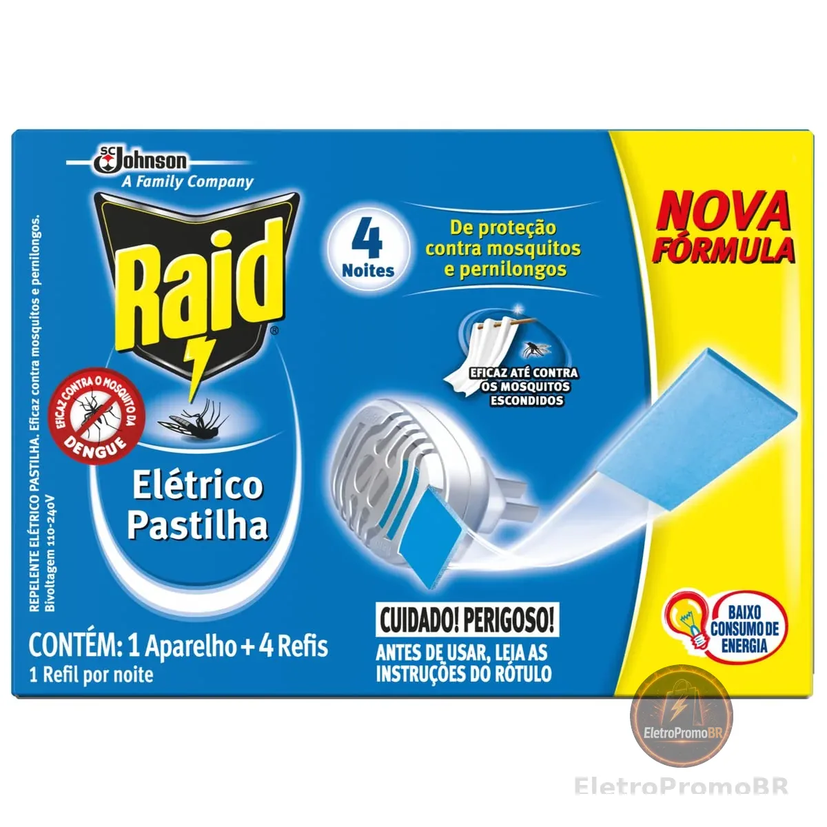Raid Repelente Elétrico Pastilha até 4 Noites, Aparelho e 4 Refis