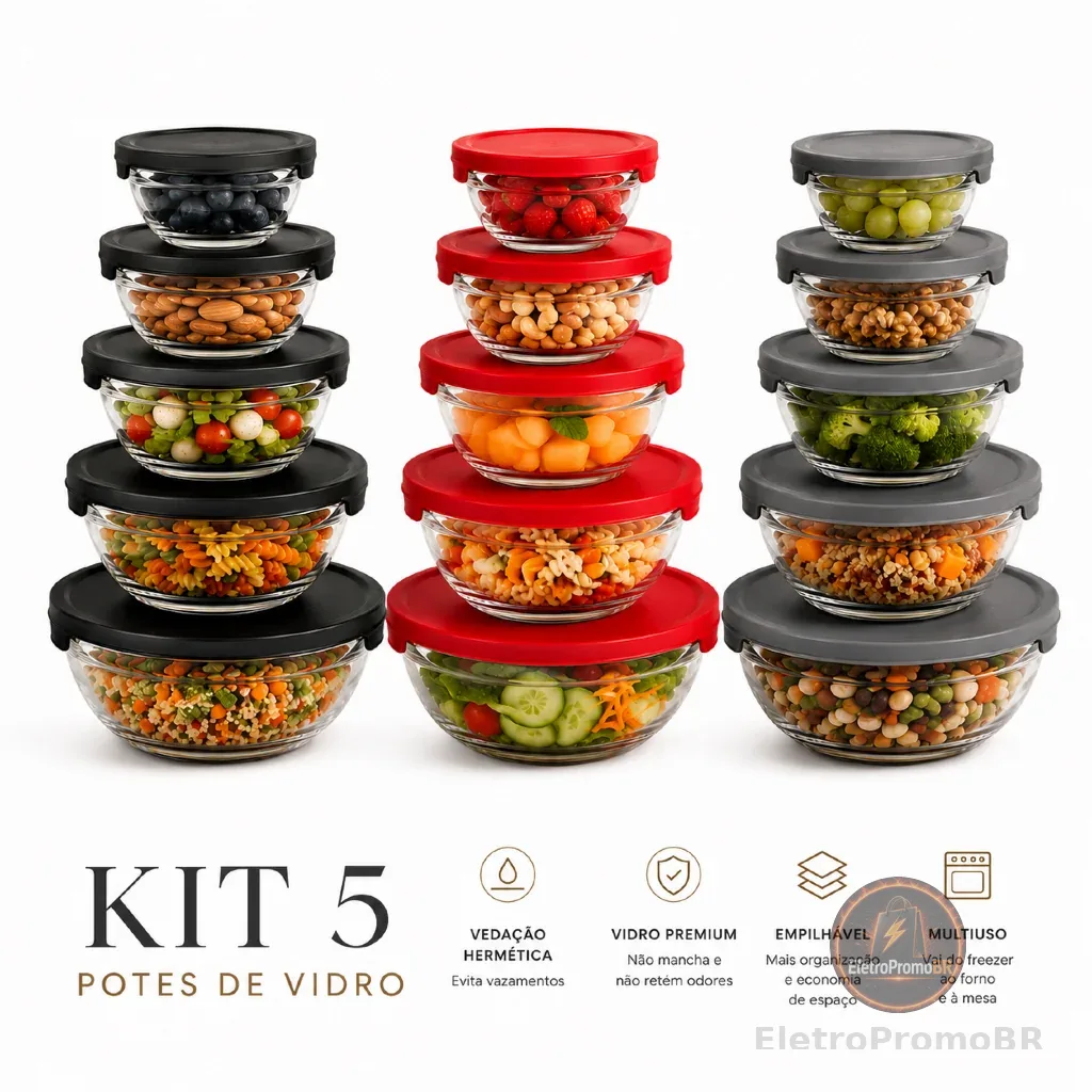 Conjunto Tigela Vidro Bowl Marmita Tampa 5 Peças Herméticos Cozinha Refeições