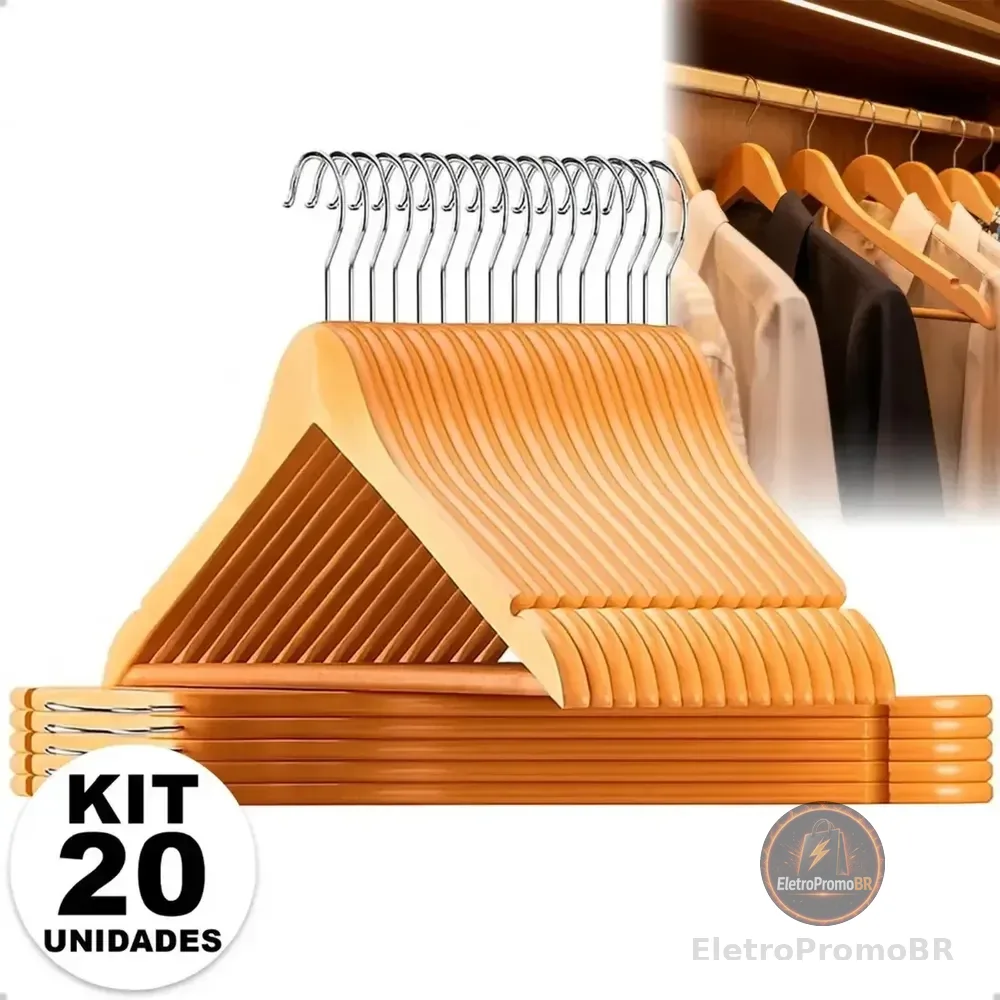 Vittak Kit 20 Cabides Madeira Marfim Adulto Organizador Roupa Premium