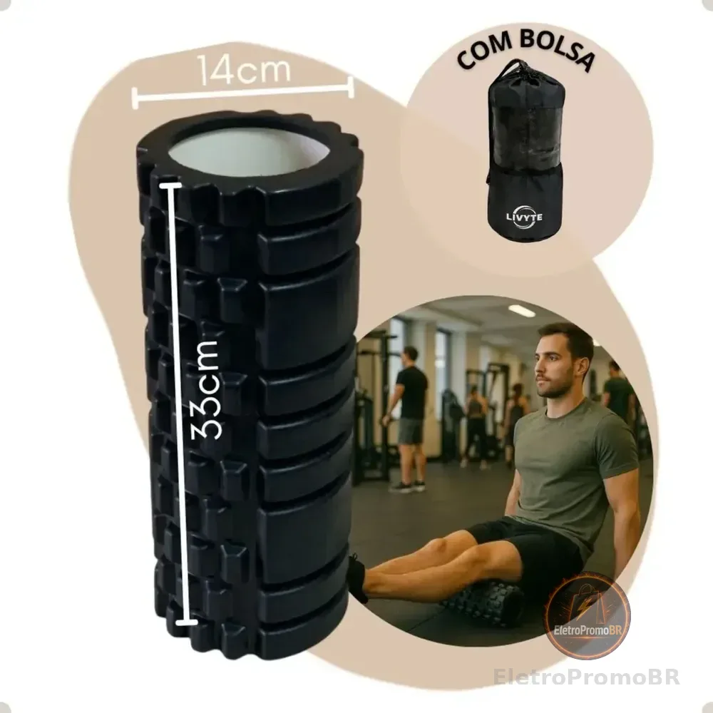 Rolo De Liberação Miofascial Livyte Massagem Foam Roller Soltura Yoga Fisioterapia Pilates Exercícios 33cm Preto