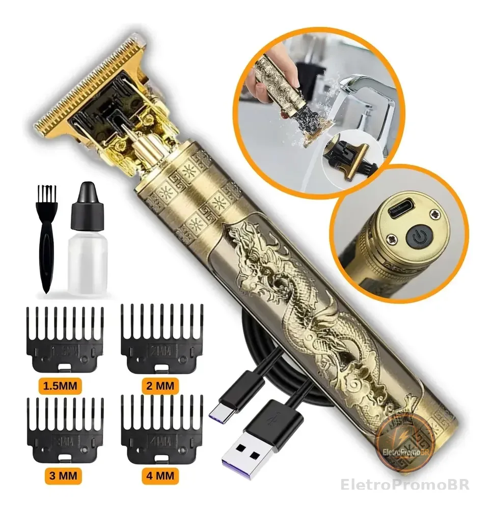 Máquina De Cortar Marca Kamufla Cabelo Sem Fio Barbeador Eletrico Aparador De Pelos Acabamento Motor Profissional 4 Pentes Recarregavel Usb Tipo C Dourada