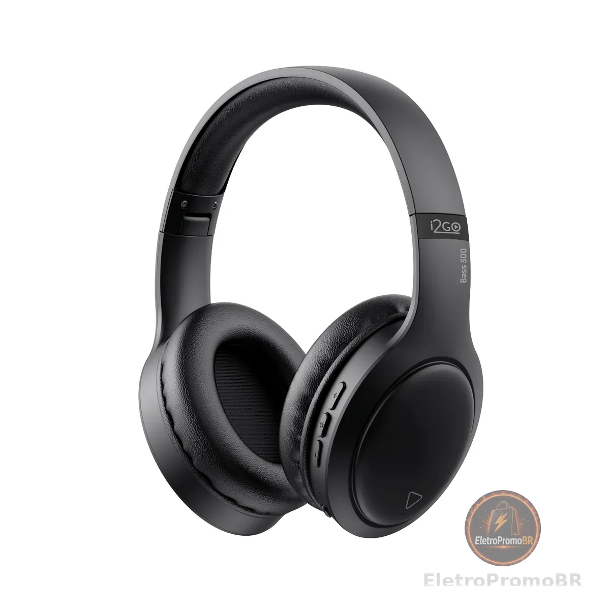 I2GO, Headphone Bass 500, Bluetooth, Microfone Integrado, Controle Multimídia, Até 30h de bateria, Entrada cabo auxiliar P2 (incluso), Dobrável, Preto, i2GO PRO