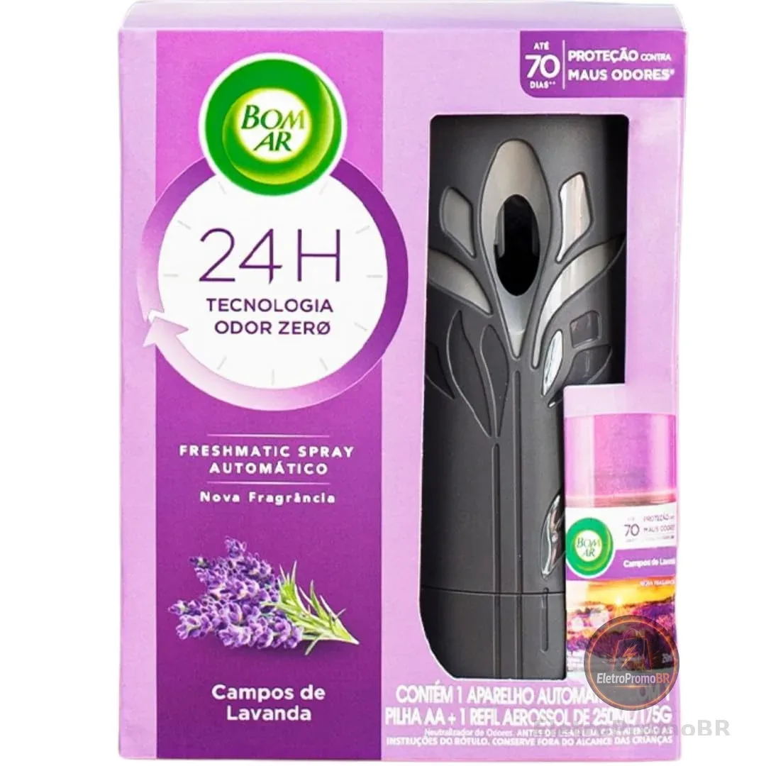Aromatizador de Ambiente Bom Ar Automático Aerossol Freshmatic Campos de Lavanda Aparelho + Refil 250ml