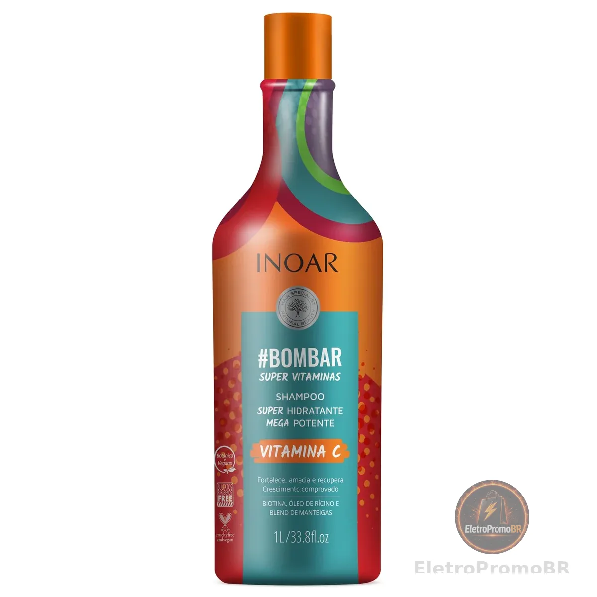 Inoar, Bombar, Shampoo Fortalecedor, Crescimento e Hidratação Diária, Biotina, Vitamina C e Blend de Manteigas, Vegano – Para Todos os Tipos de Cabelos, 1L