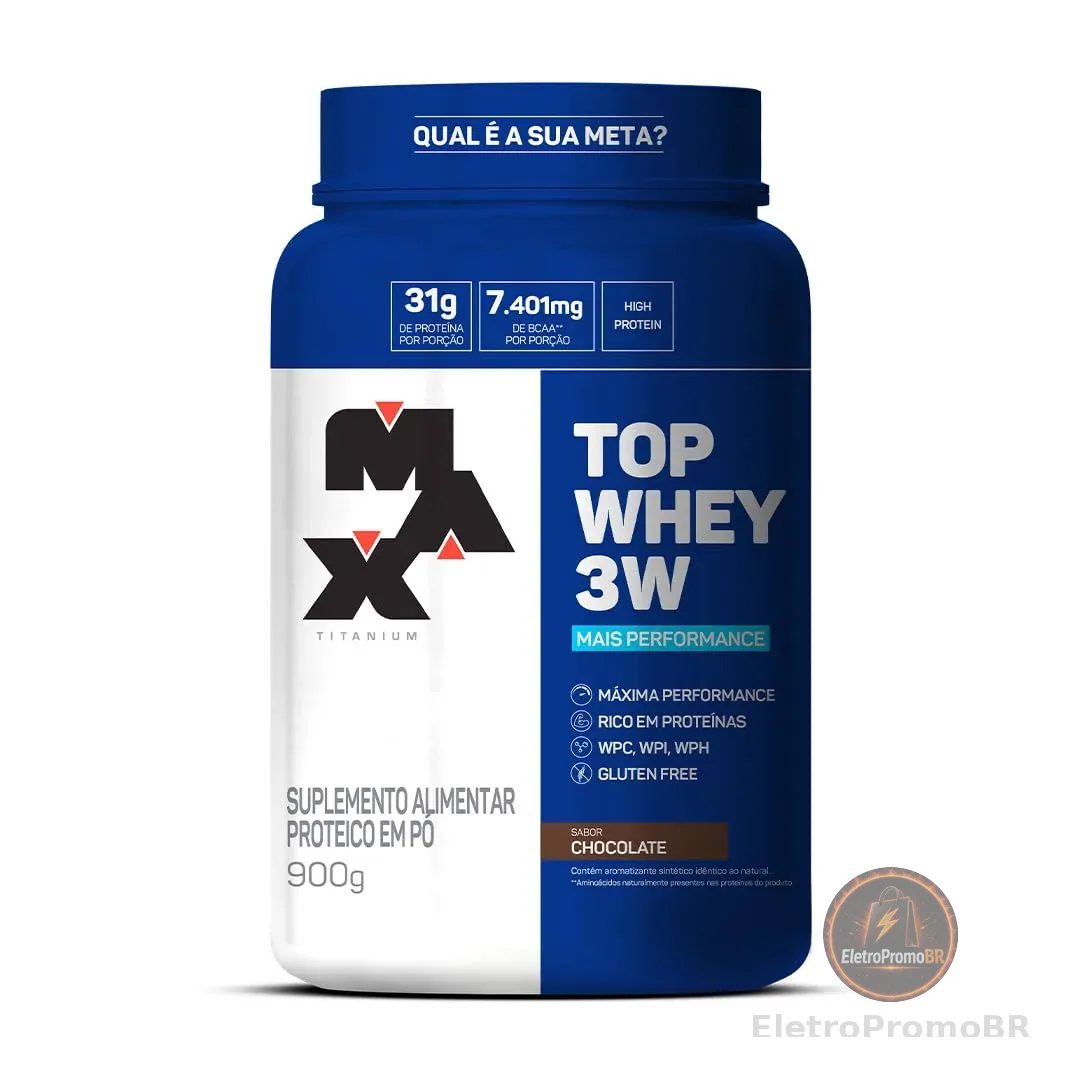 Top Whey 3W (900g) - Sabor Mais Performance - Chocolate, Max Titanium