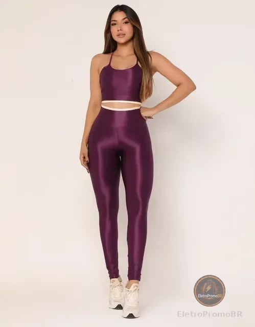 Conjunto Fitness Calça + Top Feminino Canelado Poliamida