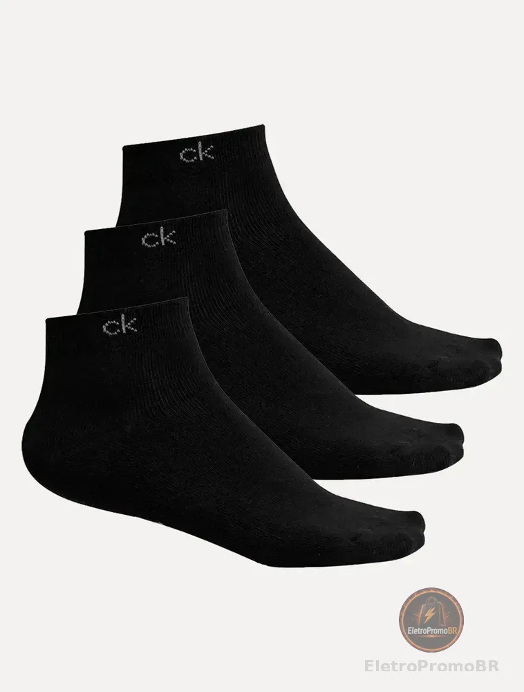 Meia Calvin Klein Cano Curto Ck Preta Kit 3 Pares Preto Un