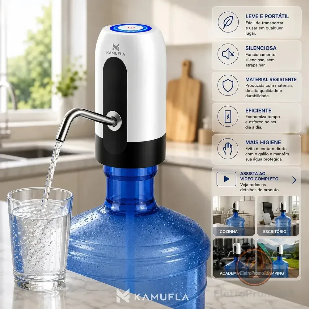 Bomba de Água Elétrica Kamufla Portátil para Galão de 20 L Inox Com Led