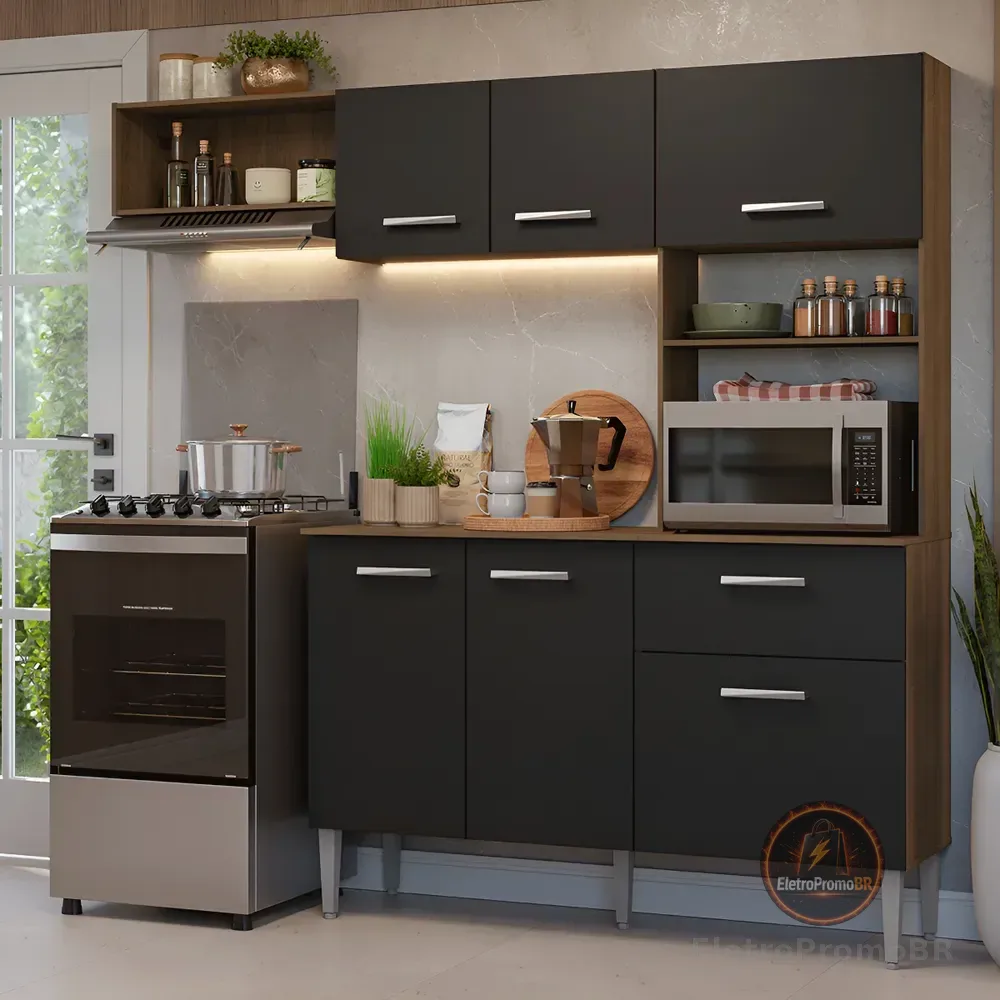 Armário De Cozinha Compacta 196cm Rustic/preto Aura Madesa