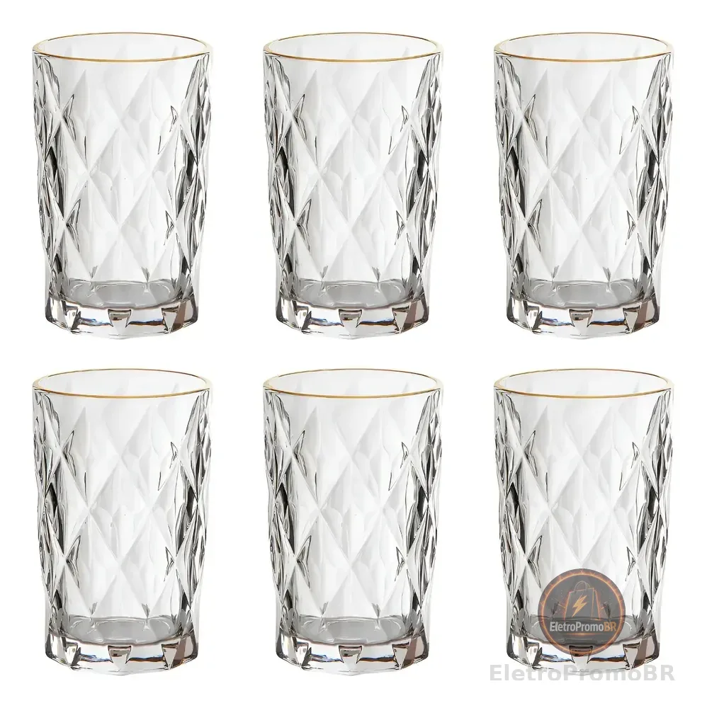 Jogo 6 Copos Altos Vidro 350ml Diamond Clear Borda Dourada Ke Home