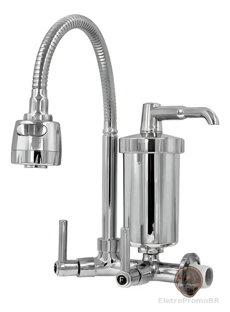 Torneira de cozinha duplo comando Filtros Duh Gourmet 1175 com filtro de água prateado acabamento cromado