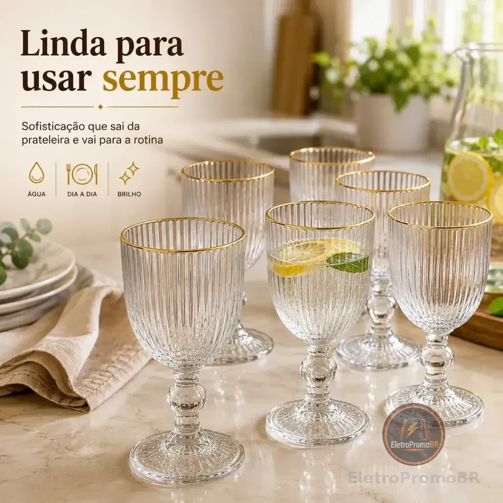 Kit de 6 Taças de Vidro Canelado com Borda Dourada para Água, Vinho e Suco Pratitudo Essencial Versalhes Gold 340 mL