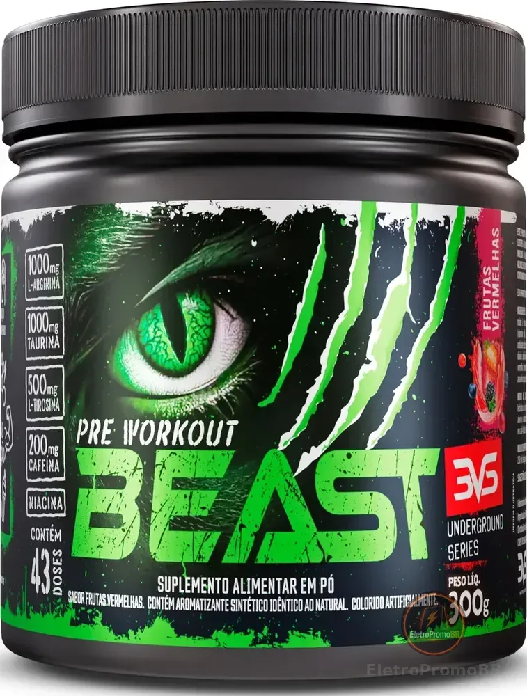 Pré-treino Beast 300g Sabor: Frutas Vermelhas - Ultra Concentrado - Promove Vasodilatação, Recuperação Energética, Aumento De Óxido Nítrico, Desintoxicação E Melhora De Concentração E Foco