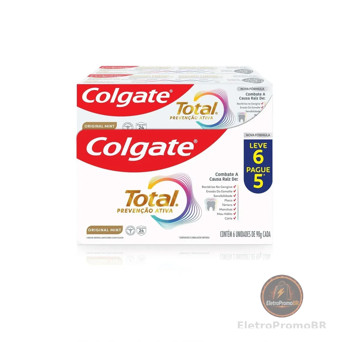 Creme Dental Colgate Total Original Mint 6x90g | Prevenção Ativa, 24 horas de ação contra bactérias, Anticárie com Flúor, Combate o Mau Hálito