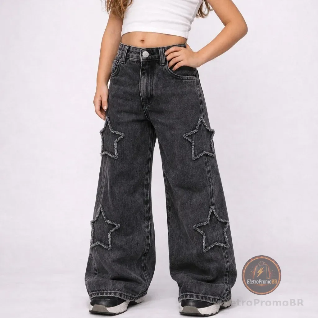 Calça Jeans Juvenil Menina Wide Leg Destroyed Estrela Lateral de Primavera Cinza Marmorizado