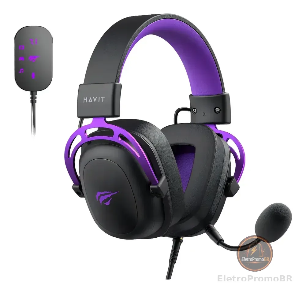 Headset Gamer Havit H2002c+u Usb P2 Drivers 53mm Cor Preto E Cor preto e roxo