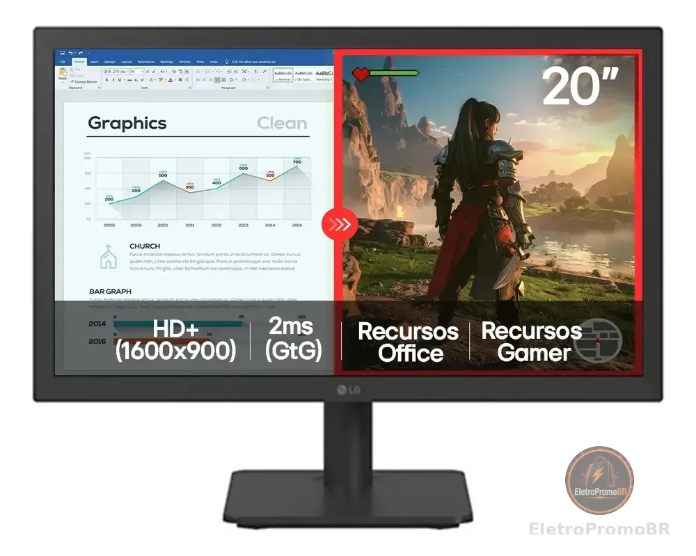 Monitor LG LED Home & Office 20U401A-B Tela 20” HD+, LG Switch, Modo leitura e Flicker Safe, HDMI, VGA, 2ms (GtG), 75Hz, Black Stabilizer, Dynamic Action Sync, Crosshair, saída fone de ouvido