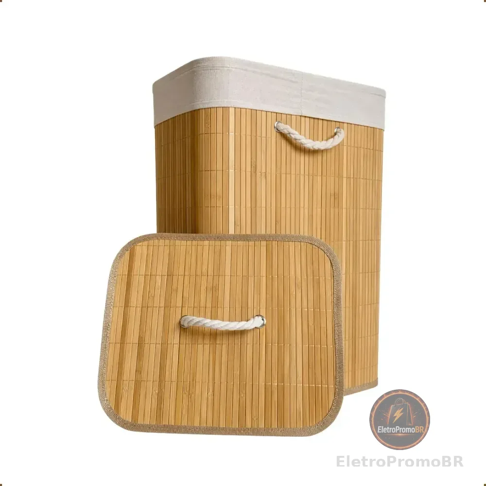 Cesto de Roupa Bambu Retangular de 72L com Tampa e Forro de Linho
