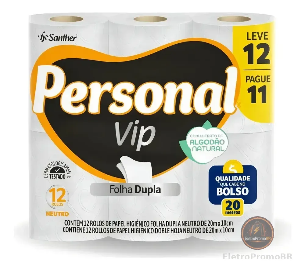 Papel Higiênico Personal Vip Folha Dupla Neutro Kit Com 12 Unidades Super Macio
