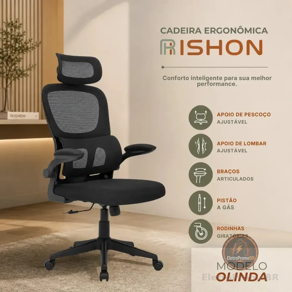 Cadeira Escritório Ergonômica Giratoria Reclinavel Olinda RSH500 Rishon Cor Preto Com Suporte Lombar Estofado Mesh