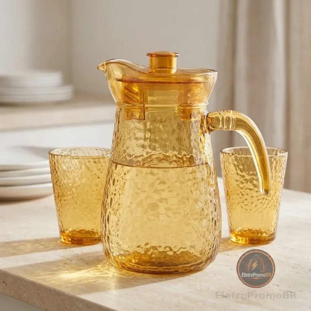 Jarra Dourada + 6 Copos de Vidro | Jogo 7 Peças Elegante para Água, Suco e Drinks