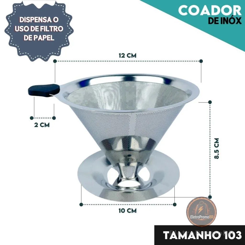 Filtro Coador De Café Inox 103 - Com Pegador em Silicone - Peneira Aço Reutilizável  - CH