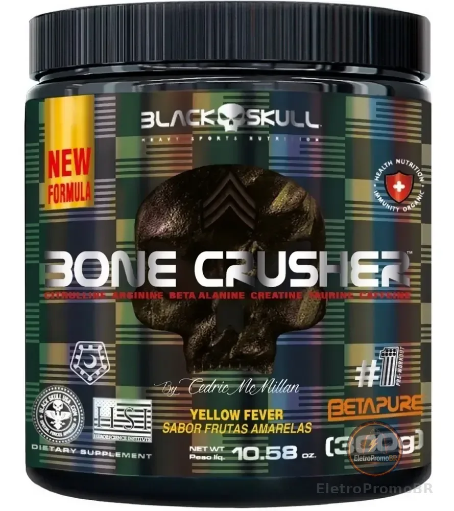 Pré Treino Bone Crusher Black Skull 300g Yellow Fever Sabor Frutas Amarelas