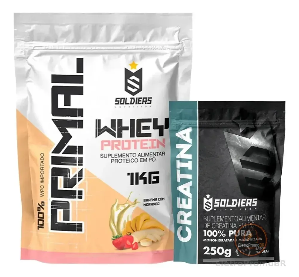 Kit: Whey Primal 1kg + Creatina 250g - Soldiers Nutrition Banana Com Morango