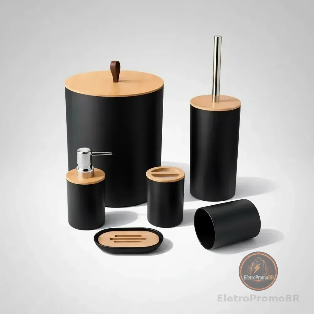 Kit Banheiro Acessórios Kit Banheiro Completo 6 Peças Tampa Fechada Copo Multiuso, Escova Sanitária, Cesto De Lixo, Porta Escova, Porta Sabonete Líquido, Saboneteira Dona Bego Cor Preto Sayonara