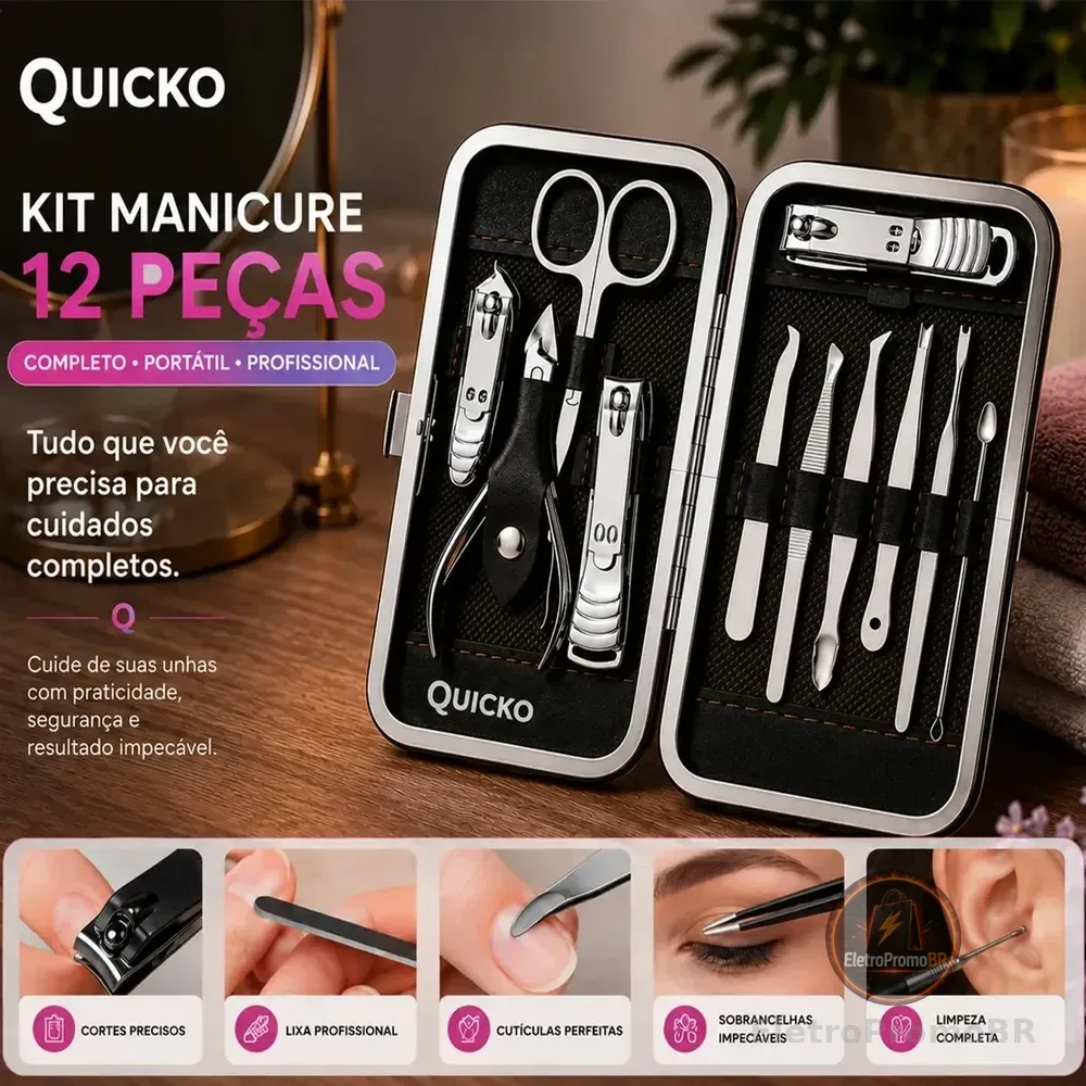 Kit Manicure Portátil Estojo Alicate Cortador De Unha 12 Pç - Desencravador De Unha Alicate Lixa Profissional Premium Tesoura Empurrador De Cutículas Marca Quicko