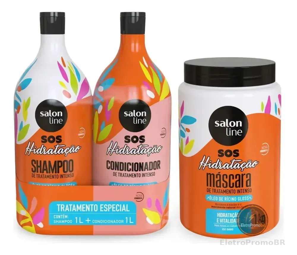Kit Shampoo E Condicionador 1l + Máscara 1kg Sos Hidratação com Óleo de Rícino Linha de Tratamento Cabelos Danificados