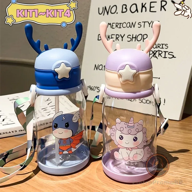 Garrafas De Alce Água Portáti Infantil  600ml Com Canudo e Cordão Copos Desenho Multicolorido Fantasia Para Meninas